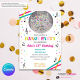 Neon Dance Party Invitation (White) with Disco Ball - Printable, Instant Download, Edit in Canva