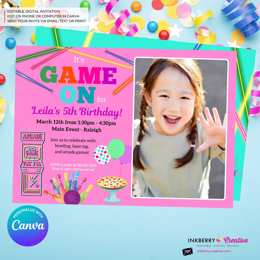 Game On Girls Pink PHOTO Arcade, Pizza, Bowling Birthday Party Digital, Printable Invitation - Edit in Canva