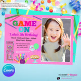 Game On Girls Pink PHOTO Arcade, Pizza, Bowling Birthday Party Digital, Printable Invitation - Edit in Canva