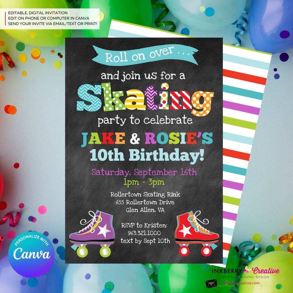 Editable Roller Skating Birthday Party Invitation, Boy Girl Roller Skate Party Invite, Chalkboard, Roller Skating Rink Invite, Edit in Canva