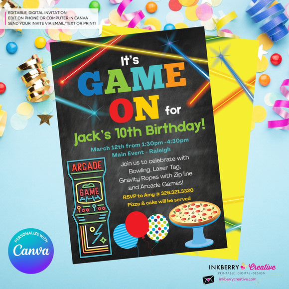 Game On - Arcade Games, Pizza Birthday Party Invitation - Chalkboard Boys Arcade Game Pizza Party - Printable, Digital File, Edit in Canva