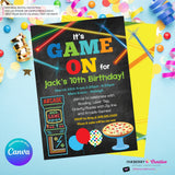Game On - Arcade Games, Pizza Birthday Party Invitation - Chalkboard Boys Arcade Game Pizza Party - Printable, Digital File, Edit in Canva