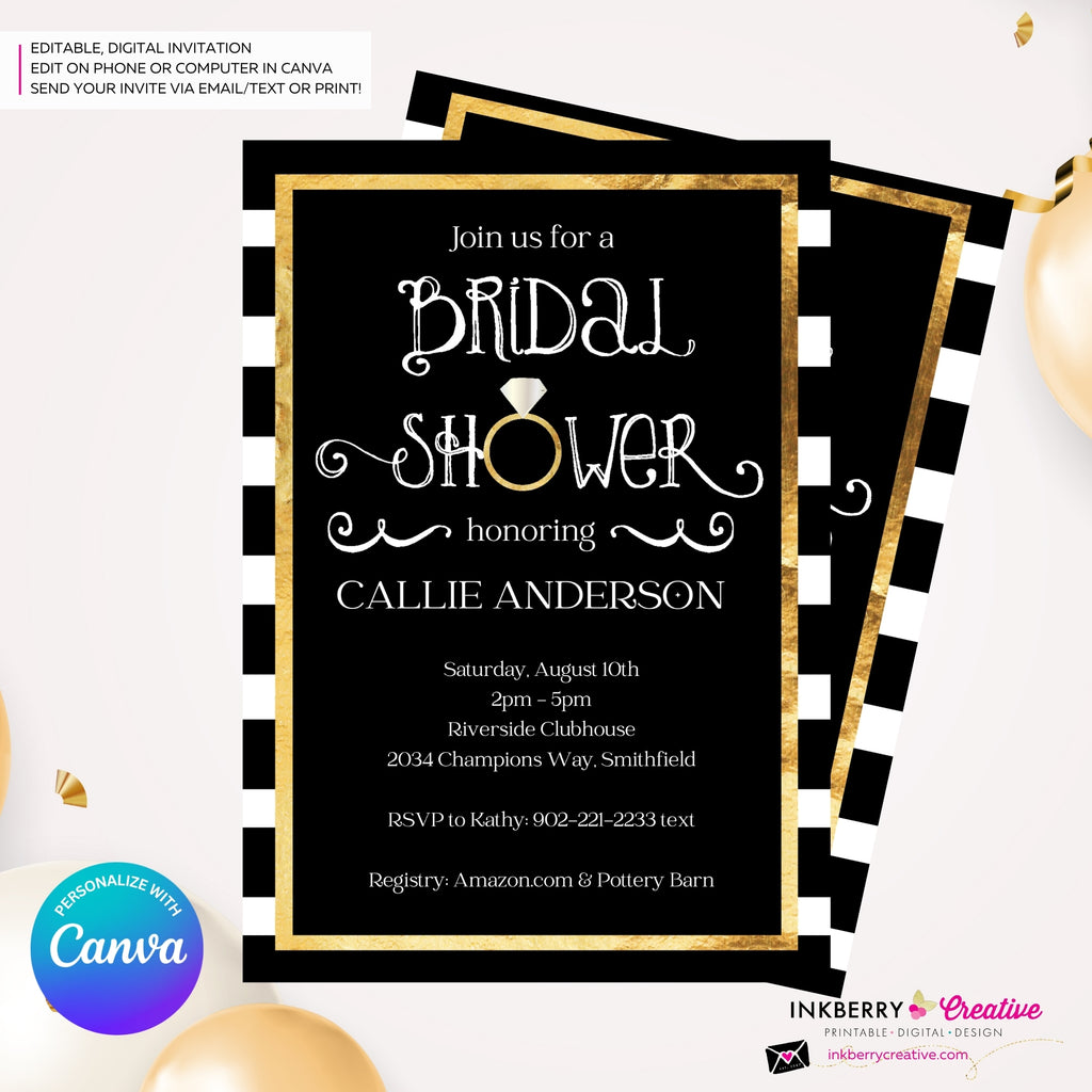 Black White and Gold Ring Bridal Shower Invitation- Digital, Printable File, Personalize and Edit in Canva