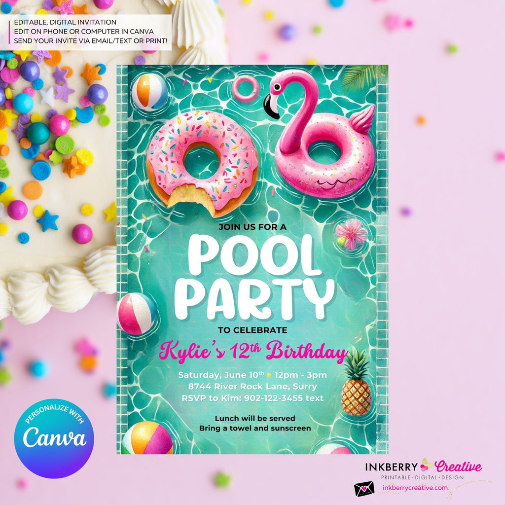Flamingo Float Pool Party Invitation - Summer Pool Party - Printable, Instant Download, Editable in Canva