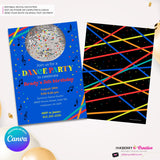 Neon Glow Dance Party Invitation (Boys Blue) with Disco Ball - Printable, Instant Download, Edit in Canva