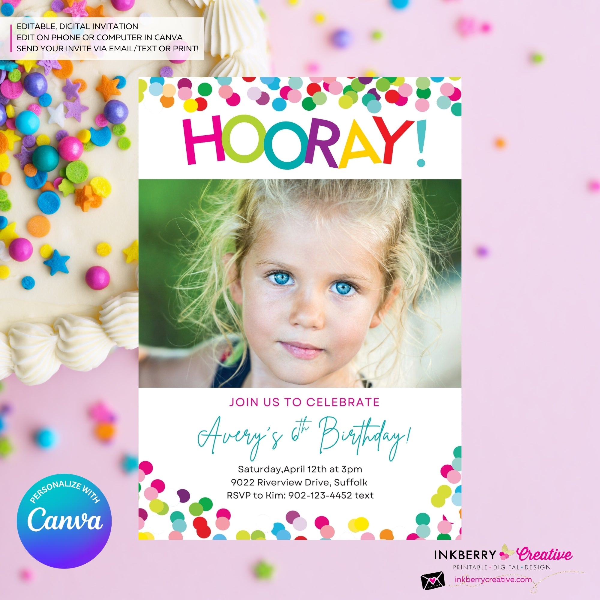 Hooray Confetti Girls Photo Birthday Party Invitation, Printable, Instant Download, Editable, Digital Invite, Edit in Canva