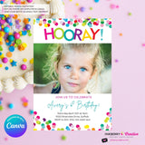 Hooray Confetti Girls Photo Birthday Party Invitation, Printable, Instant Download, Editable, Digital Invite, Edit in Canva