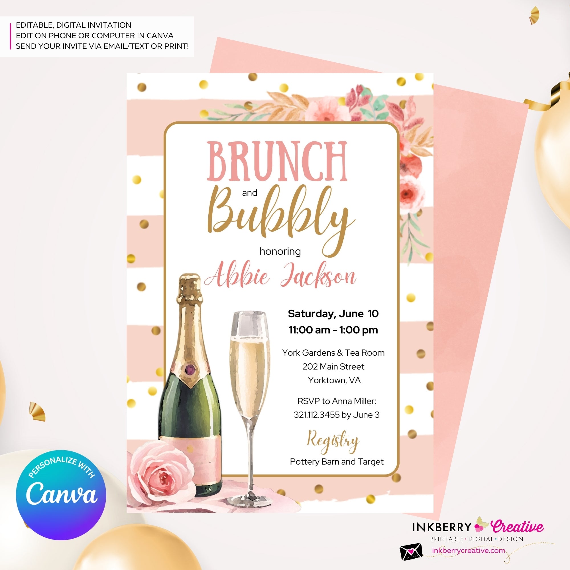 Brunch and Bubbly Pink, Gold, Striped, Confetti, Floral, Bridal Shower Brunch Invitation - Printable, Digital File, Edit in Canva