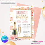 Brunch and Bubbly Pink, Gold, Striped, Confetti, Floral, Bridal Shower Brunch Invitation - Printable, Digital File, Edit in Canva