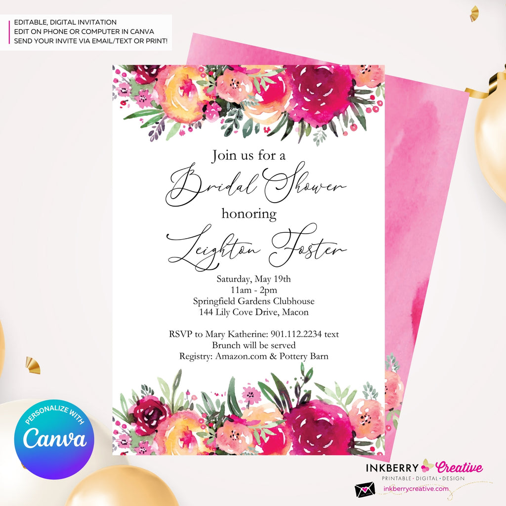 Bright Painted Floral Bridal Shower Invitation, Watercolor Flowers, Summer Spring Shower, Digital Invite, Personalize and Edit in Canva