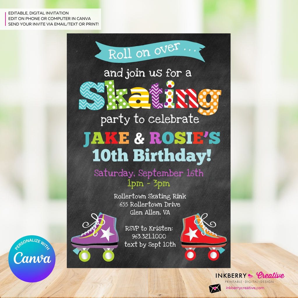 Editable Roller Skating Birthday Party Invitation, Boy Girl Roller Skate Party Invite, Chalkboard, Roller Skating Rink Invite, Edit in Canva