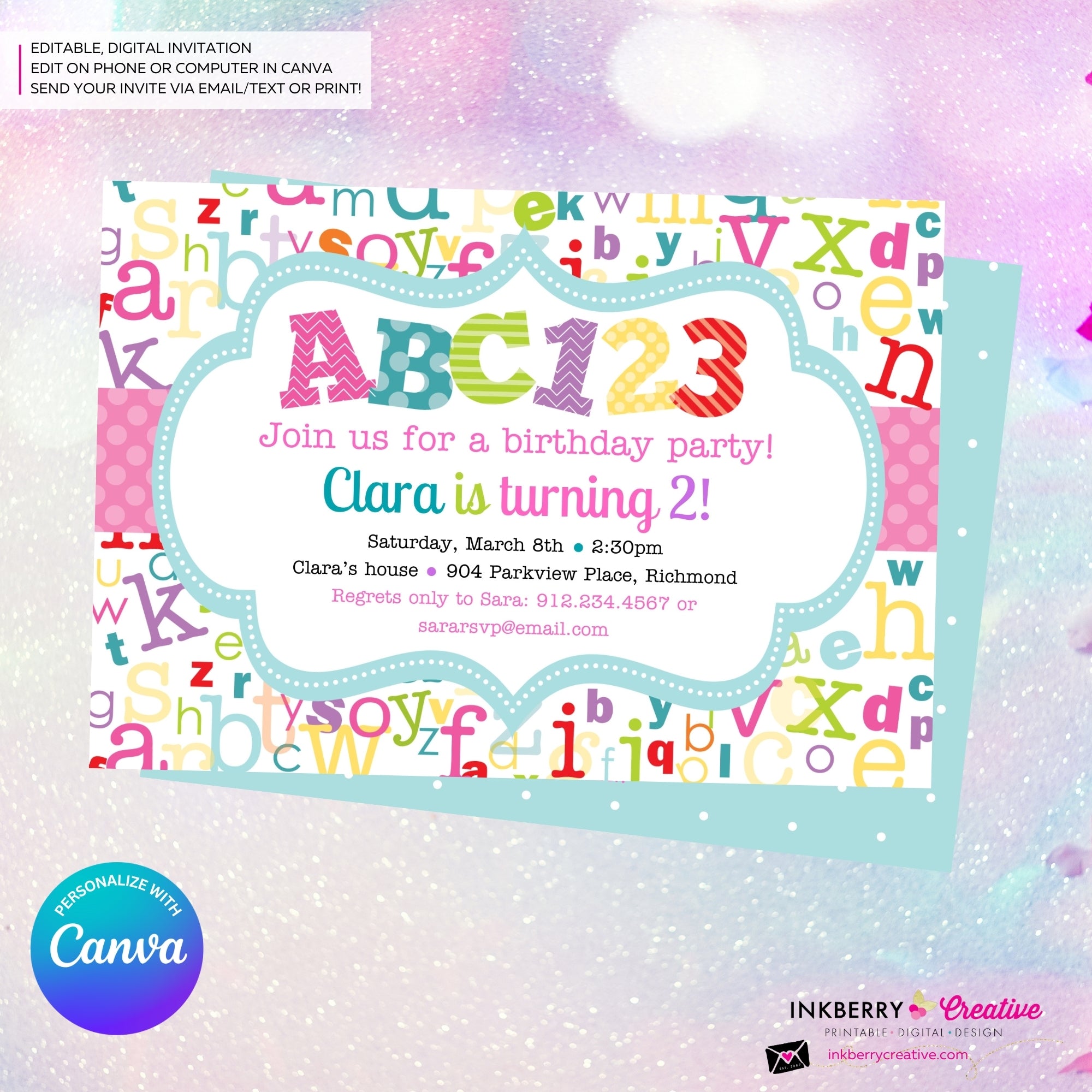 Alphabet Birthday Party Invitation Girls - Alphabet Theme Party Invite - Girl ABC Birthday Party - Personalize and Edit in Canva