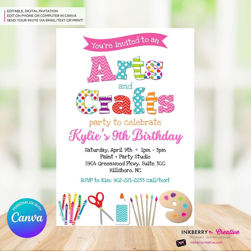 Arts and Crafts Birthday Party Invitation, Kids Arts Crafts Painting Party - Printable, Instant Download, Edit in Canva