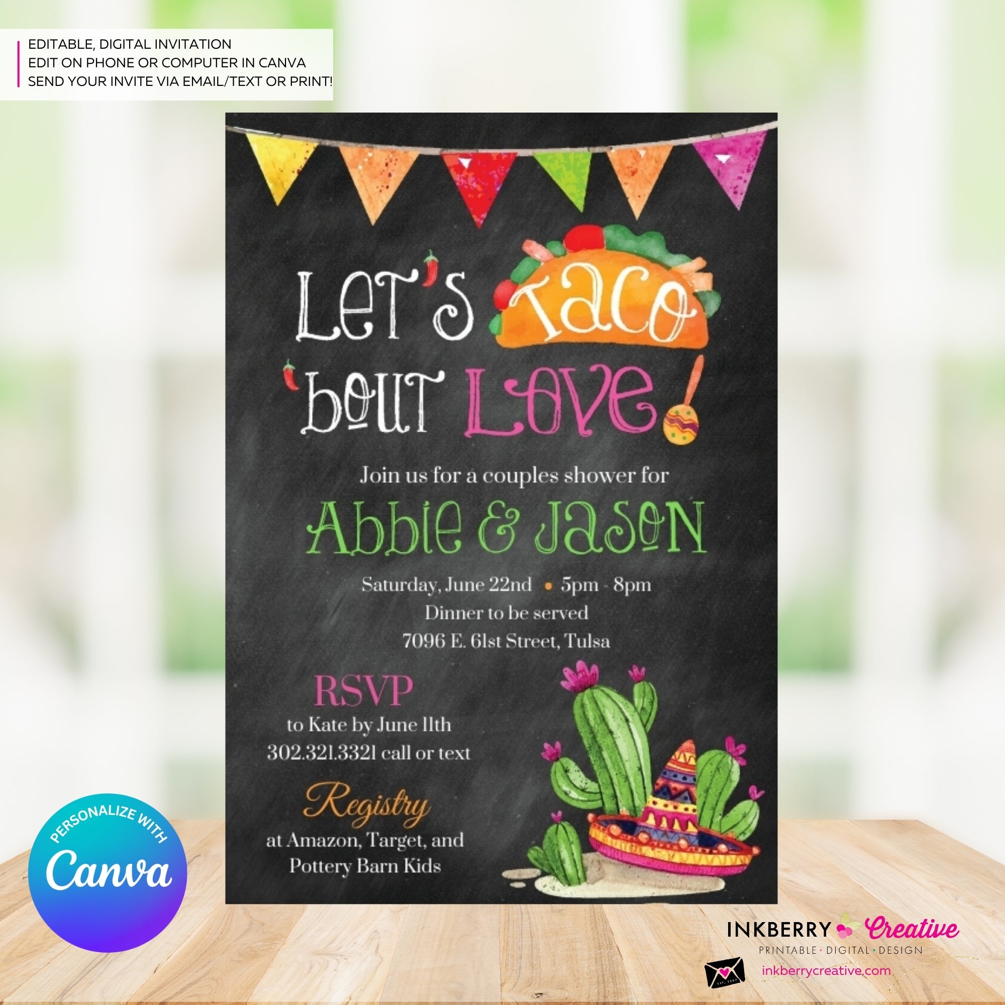 Taco 'bout Love - Couples, Coed, Taco, Mexican Theme Bridal Shower Invitation, Chalkboard, Digital File, Edit in Canva