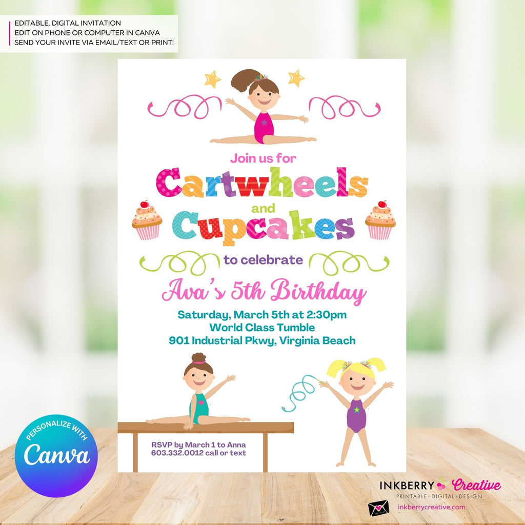 Gymnastics Party Invitation (White) - Cartwheels and Cupcakes Gymnastics Birthday Party Invite - Printable, Instant Download, Edit in Canva