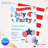 4th of July Patterns Party Invitation, July 4th Cookout Patriotic, Red White Blue Party Invite - Printable, Instant Download, Edit in Canva