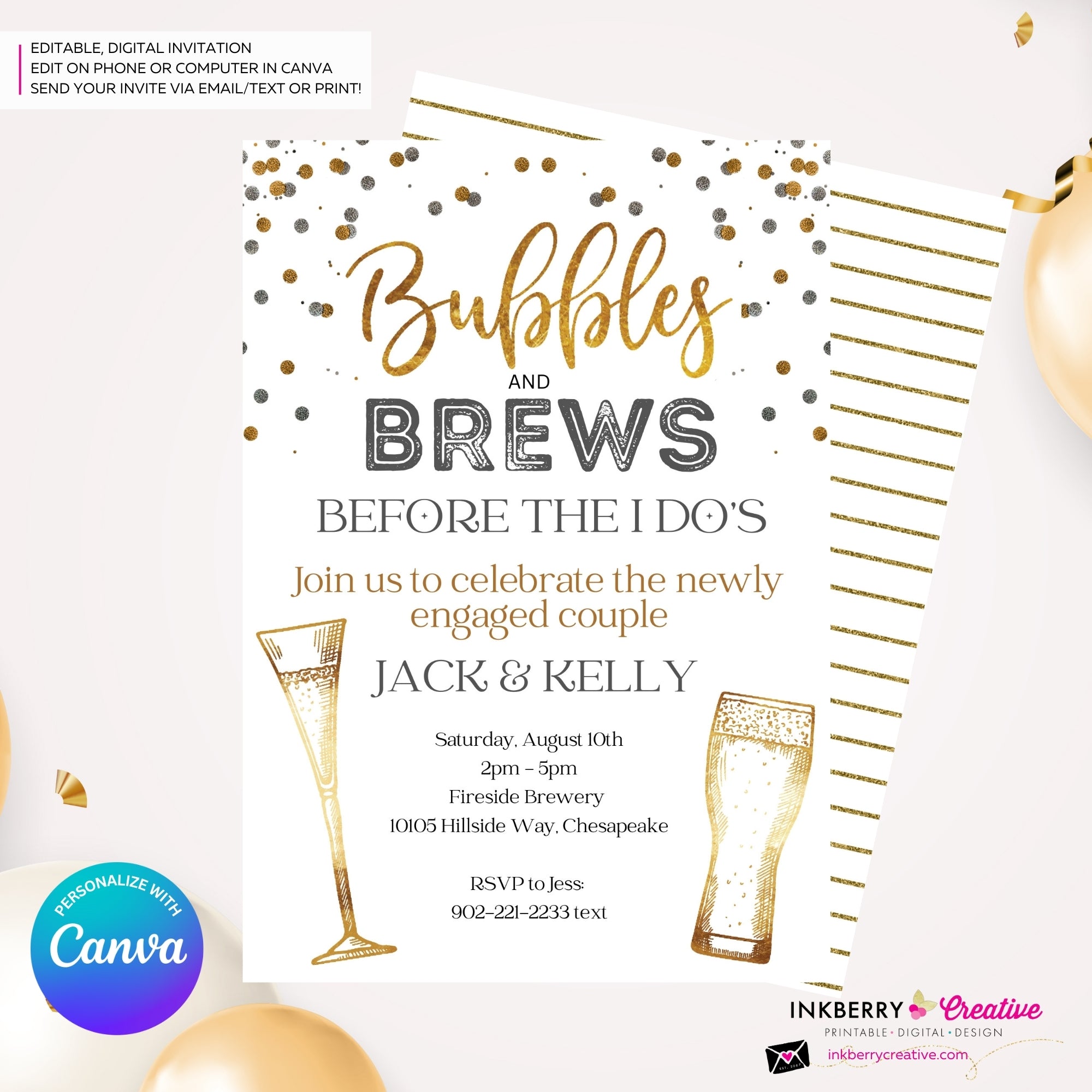 Bubbles and Brews Engagement Party or Shower Invitation, Digital Printable File, Personalize and Edit in Canva