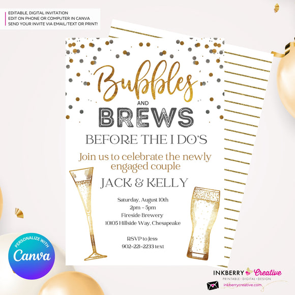 Bubbles and Brews Engagement Party or Shower Invitation, Digital Printable File, Personalize and Edit in Canva