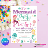 Mermaid Birthday Party Invitation, Under the Sea, Ocean, Beach, Jelly Fish, Star Fish, Shells - Printable Instant Download, Edit in Canva