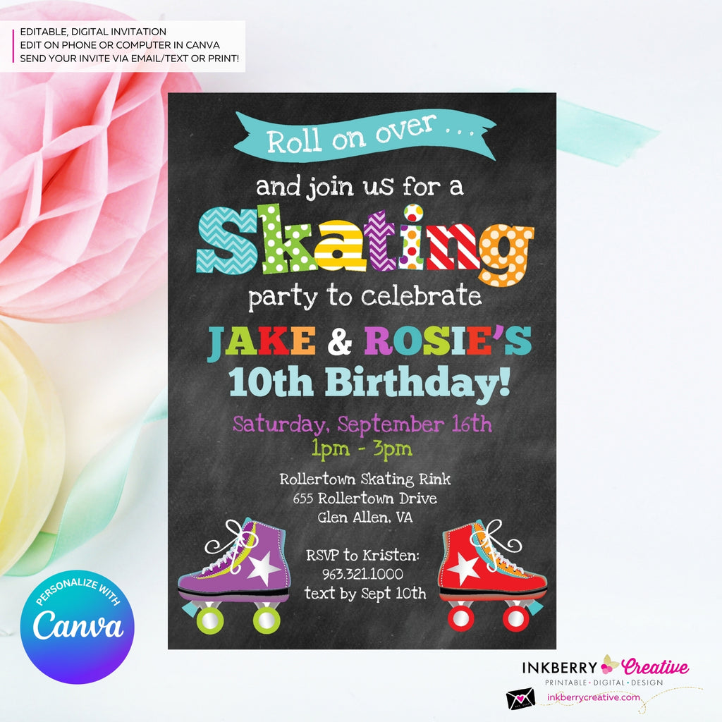 Editable Roller Skating Birthday Party Invitation, Boy Girl Roller Skate Party Invite, Chalkboard, Roller Skating Rink Invite, Edit in Canva
