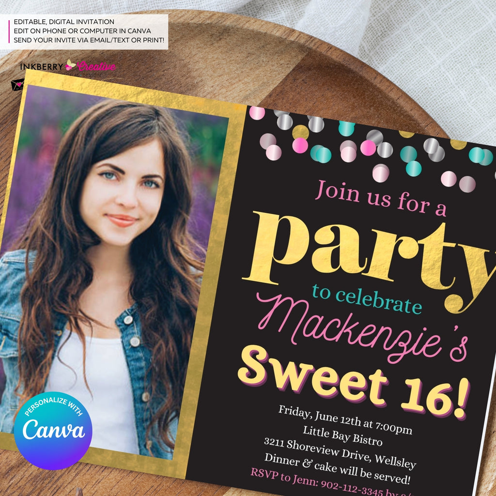Confetti Pop Photo Party Invitation - Any Age, Any Occasion, Gold, Aqua, Pink Confetti, Birthday Photo invite, Sweet 16, Edit in Canva