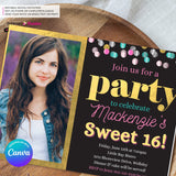 Confetti Pop Photo Party Invitation - Any Age, Any Occasion, Gold, Aqua, Pink Confetti, Birthday Photo invite, Sweet 16, Edit in Canva