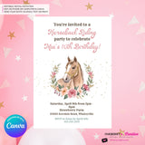 Horseback Riding Birthday Party Invitation, Watercolor, Horse, Flowers - Printable, Instant Download, Edit in Canva