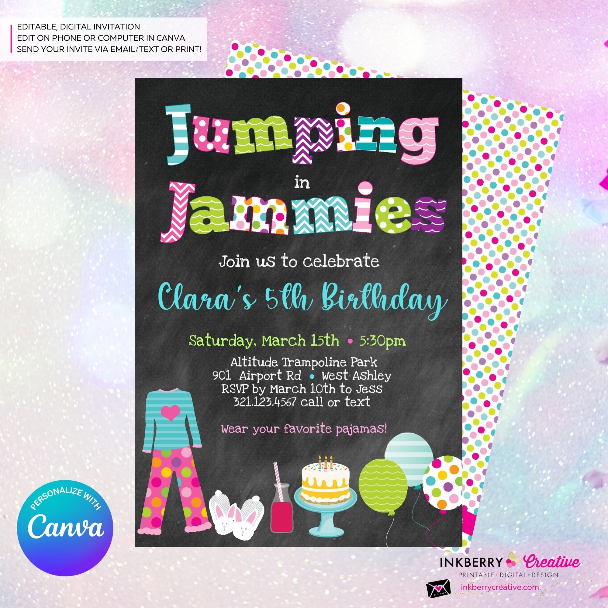 Jumping in Jammies Birthday Party Invitation - Chalkboard, Pajama, Trampoline Park, Bounce House Invite (Printable, Instant Download, Edit in Canva)
