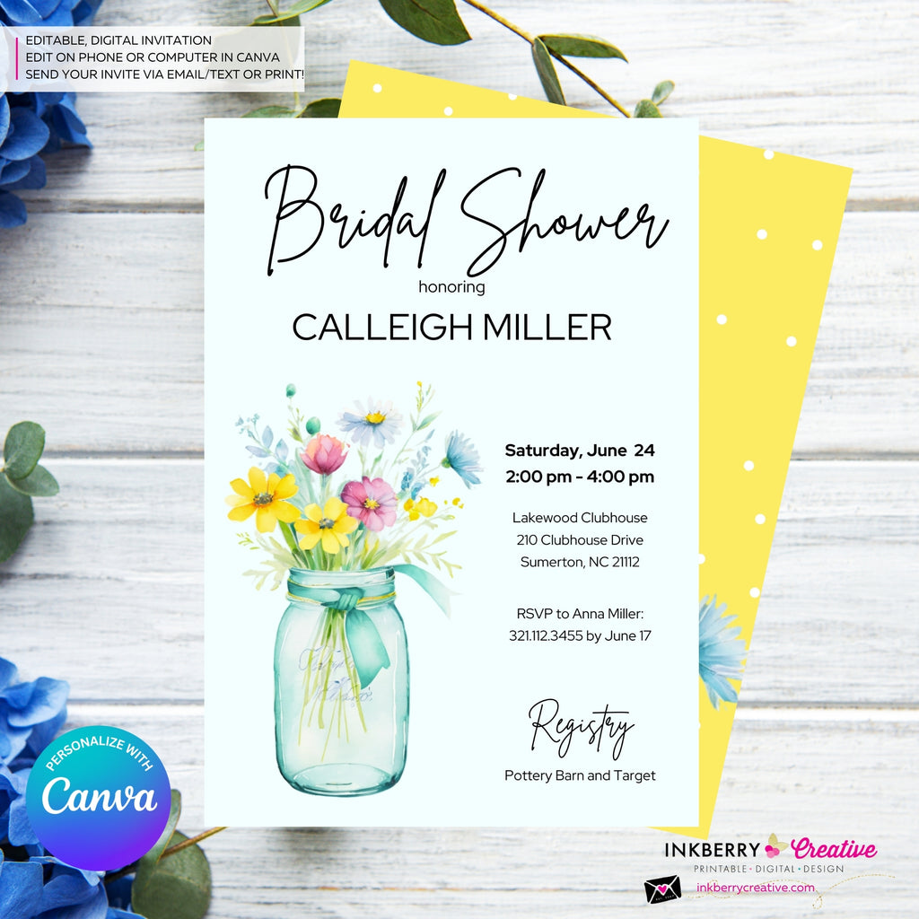 Wild Flower Mason Jar Bridal Shower Invitation, Colorful Wildflowers Floral Summer Spring Shower Invite, Digital, Edit in Canva