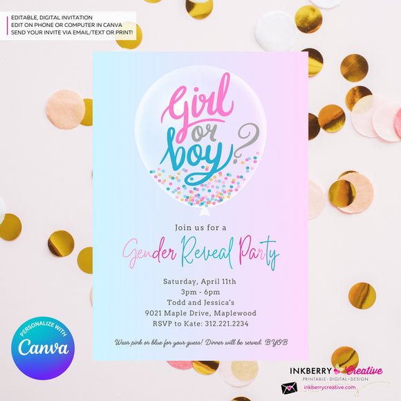 Pink Blue Confetti Balloon Gender Reveal Party Invitation, Printable, Digital, Instant Download, Edit in Canva