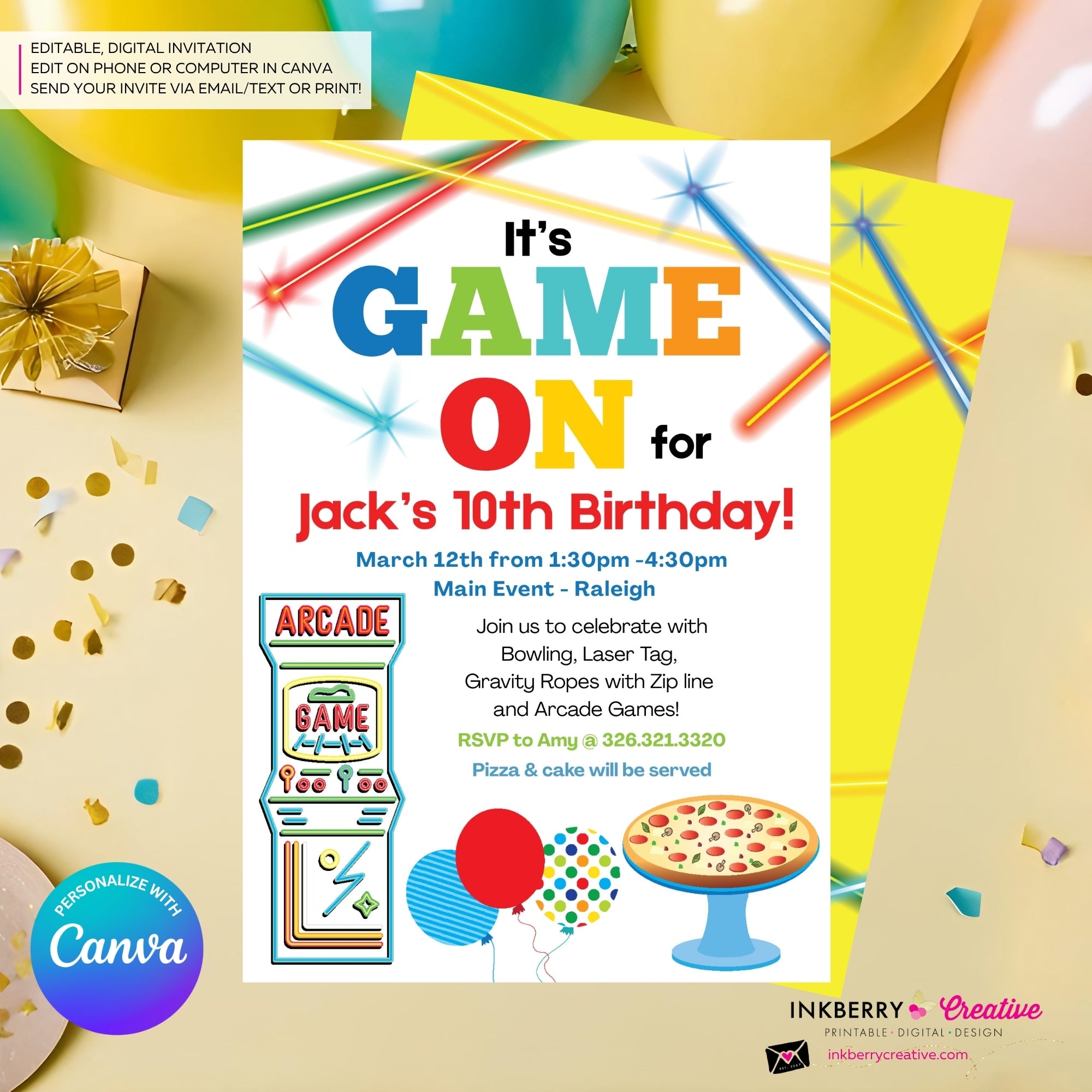 Game On - Arcade Games, Pizza Birthday Party Invitation - Boys Arcade Game Pizza Party - Printable, Instant Download, Edit in Canva