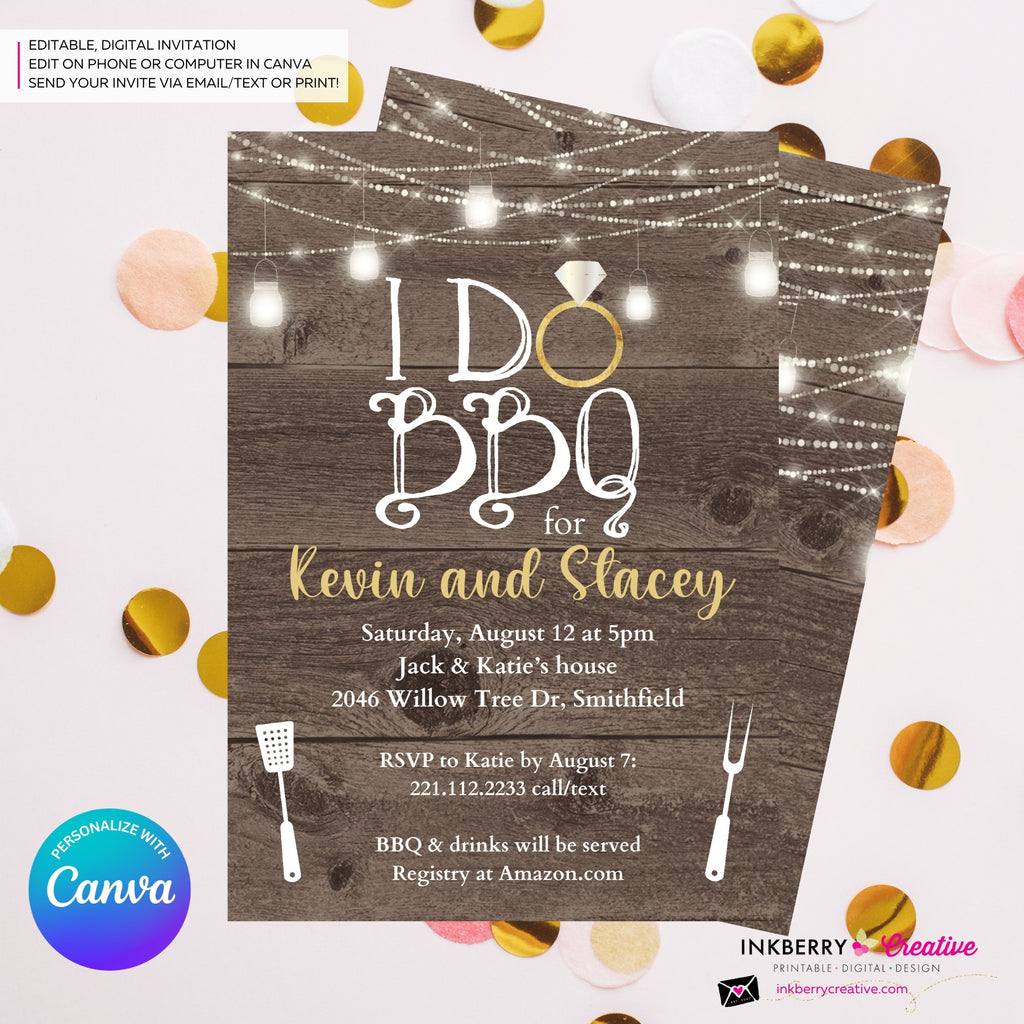 I Do Barbecue - Couples, Coed, Backyard Cookout, BBQ Theme Bridal Shower Invitation - Personalize and Edit in Canva