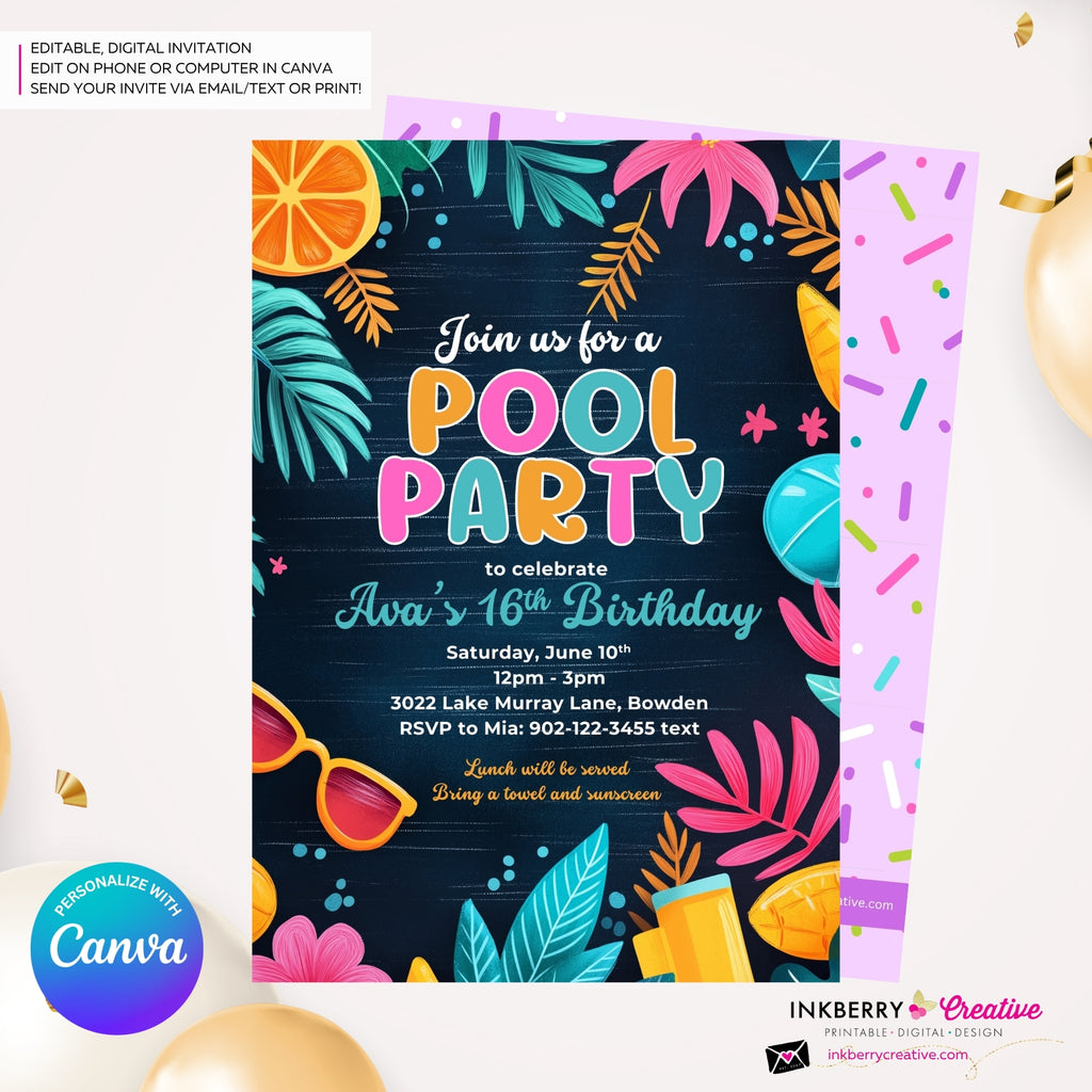 Citrus Summer Pool Party Invitation (Blue) - Summer Pool Party - Personalize and Edit in Canva