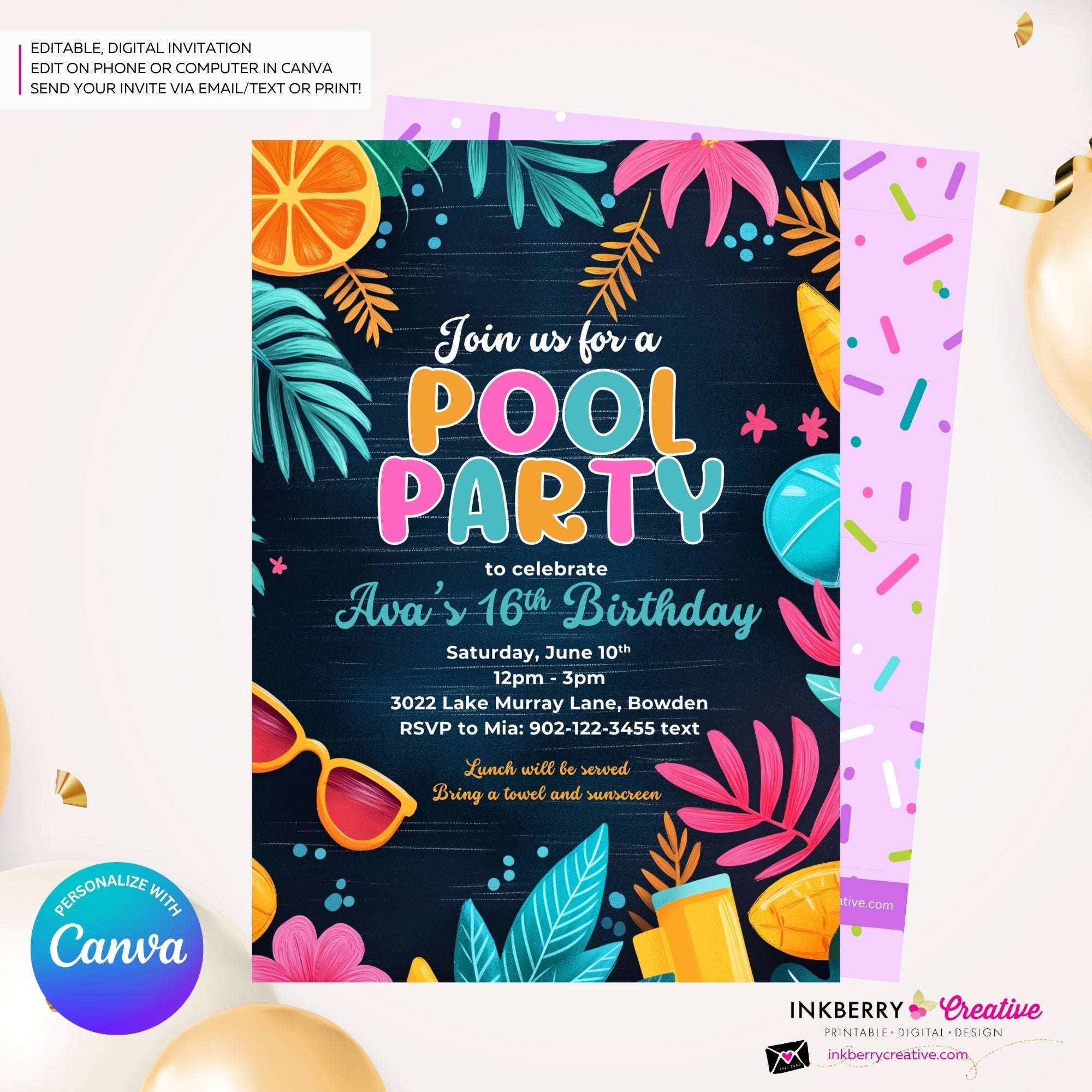 Citrus Summer Pool Party Invitation (Blue) - Summer Pool Party - Personalize and Edit in Canva