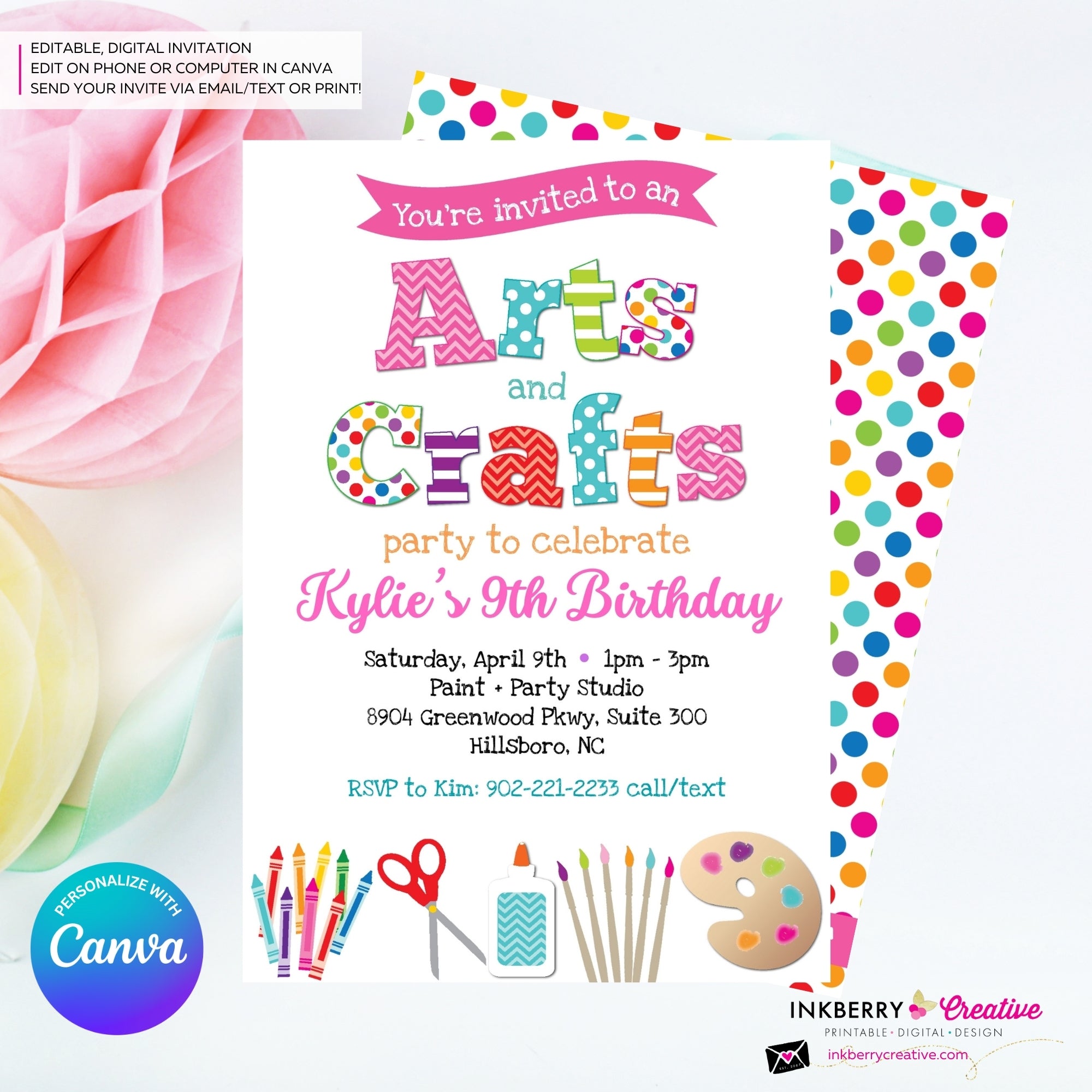 Arts and Crafts Birthday Party Invitation, Kids Arts Crafts Painting Party - Printable, Instant Download, Edit in Canva