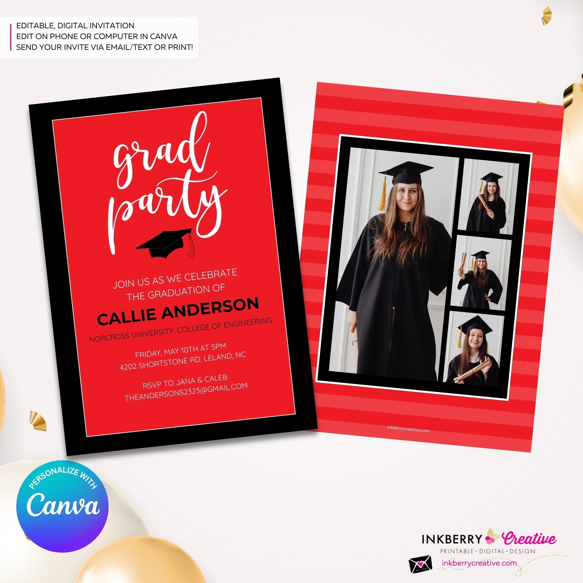 Grad Party Color Block Script - Custom Color Graduation Invitation or Announcement - Editable in Canva