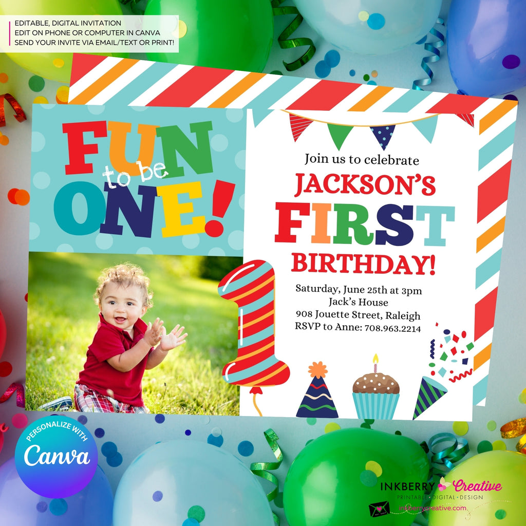 Fun to be One 1st Birthday Invite, Colorful Boys First Birthday Photo Invitation, Primary Colors, Printable, Digital Download, Edit in Canva