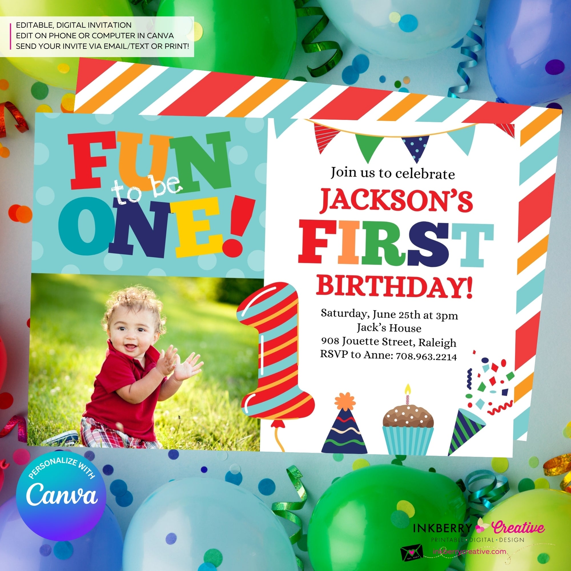 Fun to be One 1st Birthday Invite, Colorful Boys First Birthday Photo Invitation, Primary Colors, Printable, Digital Download, Edit in Canva
