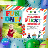 Fun to be One 1st Birthday Invite, Colorful Boys First Birthday Photo Invitation, Primary Colors, Printable, Digital Download, Edit in Canva