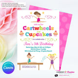 Gymnastics Party Invitation (White) - Cartwheels and Cupcakes Gymnastics Birthday Party Invite - Printable, Instant Download, Edit in Canva
