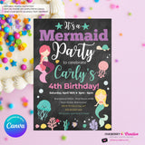 Mermaid Party Invitation - Chalkboard, Ocean Animals, Mermaids, Jelly Fish, Star Fish, Shells - Printable Instant Download, Edit in Canva