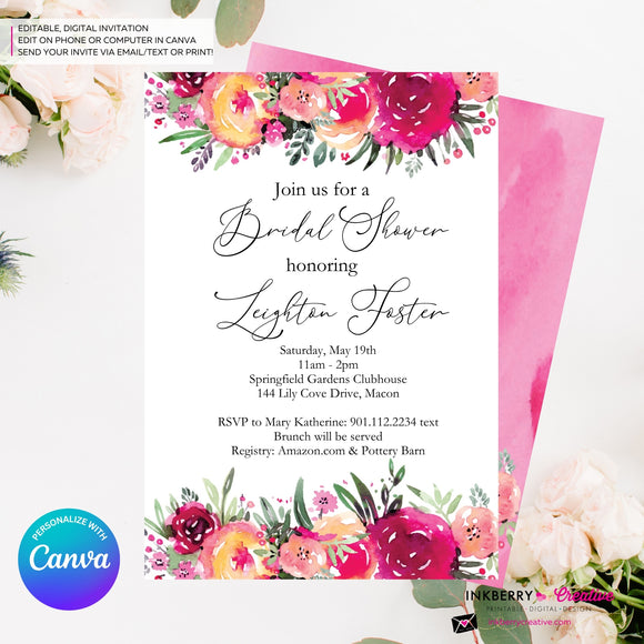 Bright Painted Floral Bridal Shower Invitation, Watercolor Flowers, Summer Spring Shower, Digital Invite, Personalize and Edit in Canva