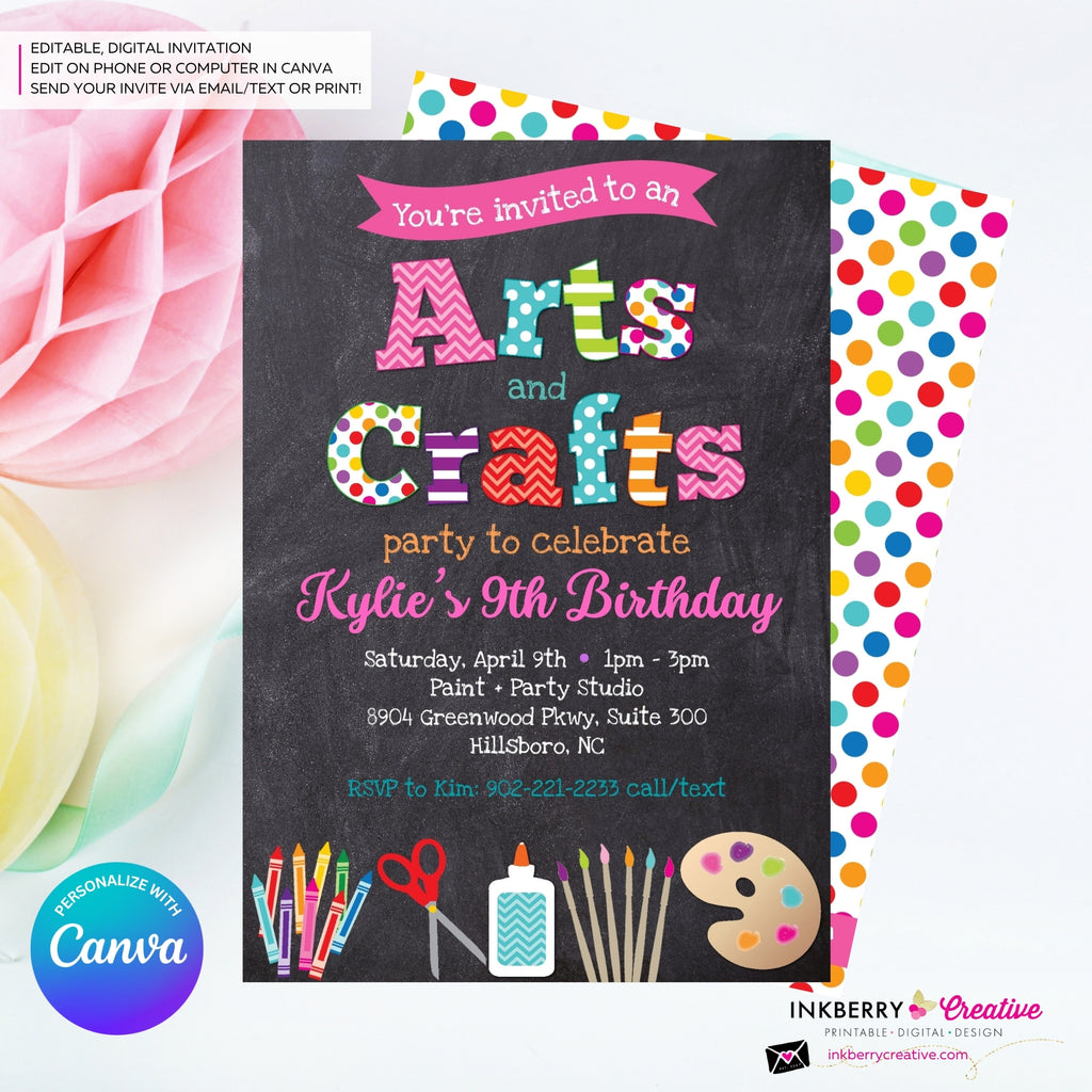 Arts and Crafts Birthday Party Invitation, Chalkboard Style, Kids Arts Crafts Painting Party - Printable, Instant Download, Edit in Canva