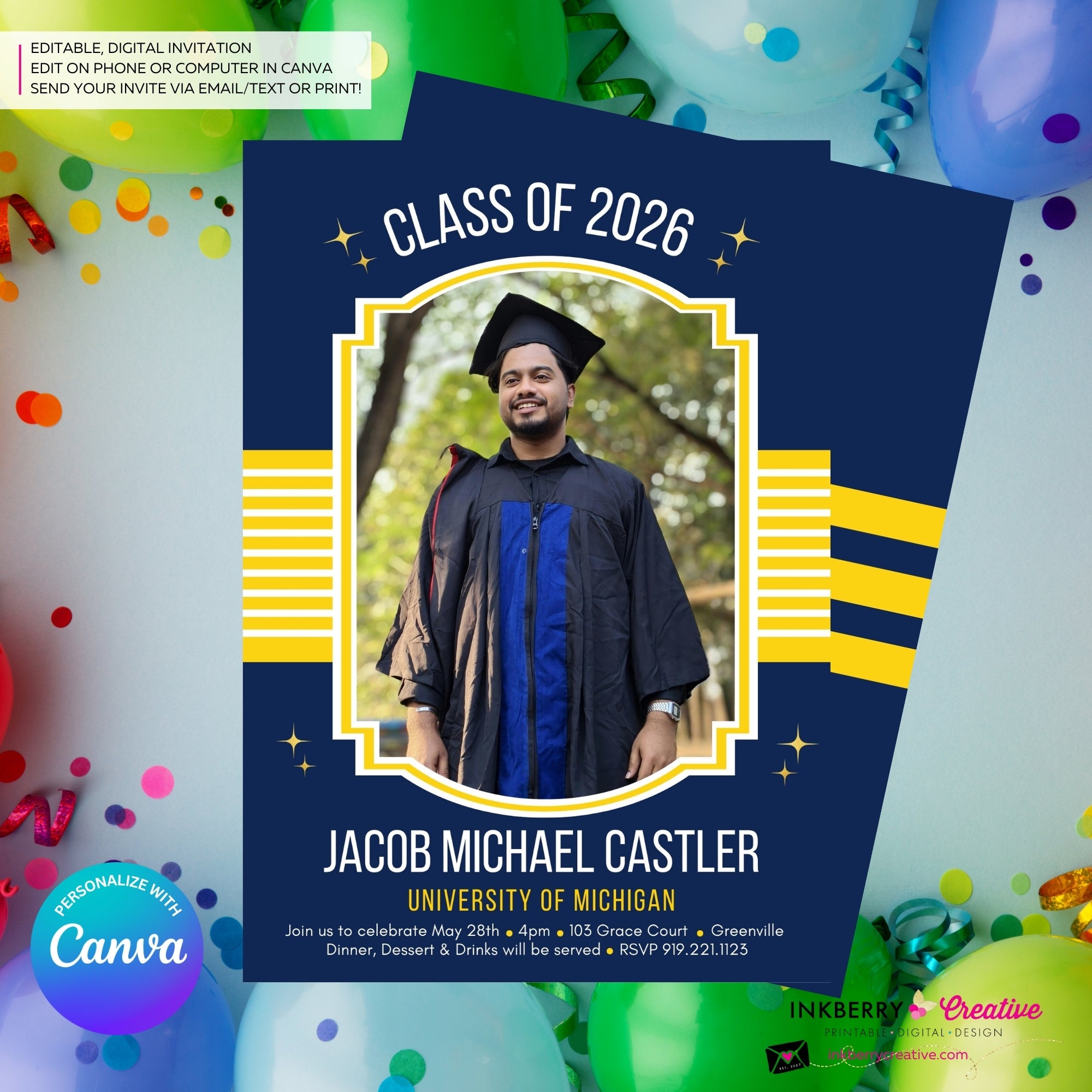 Collegiate Star - Custom Color Graduation Invitation or Announcement - Editable in Canva