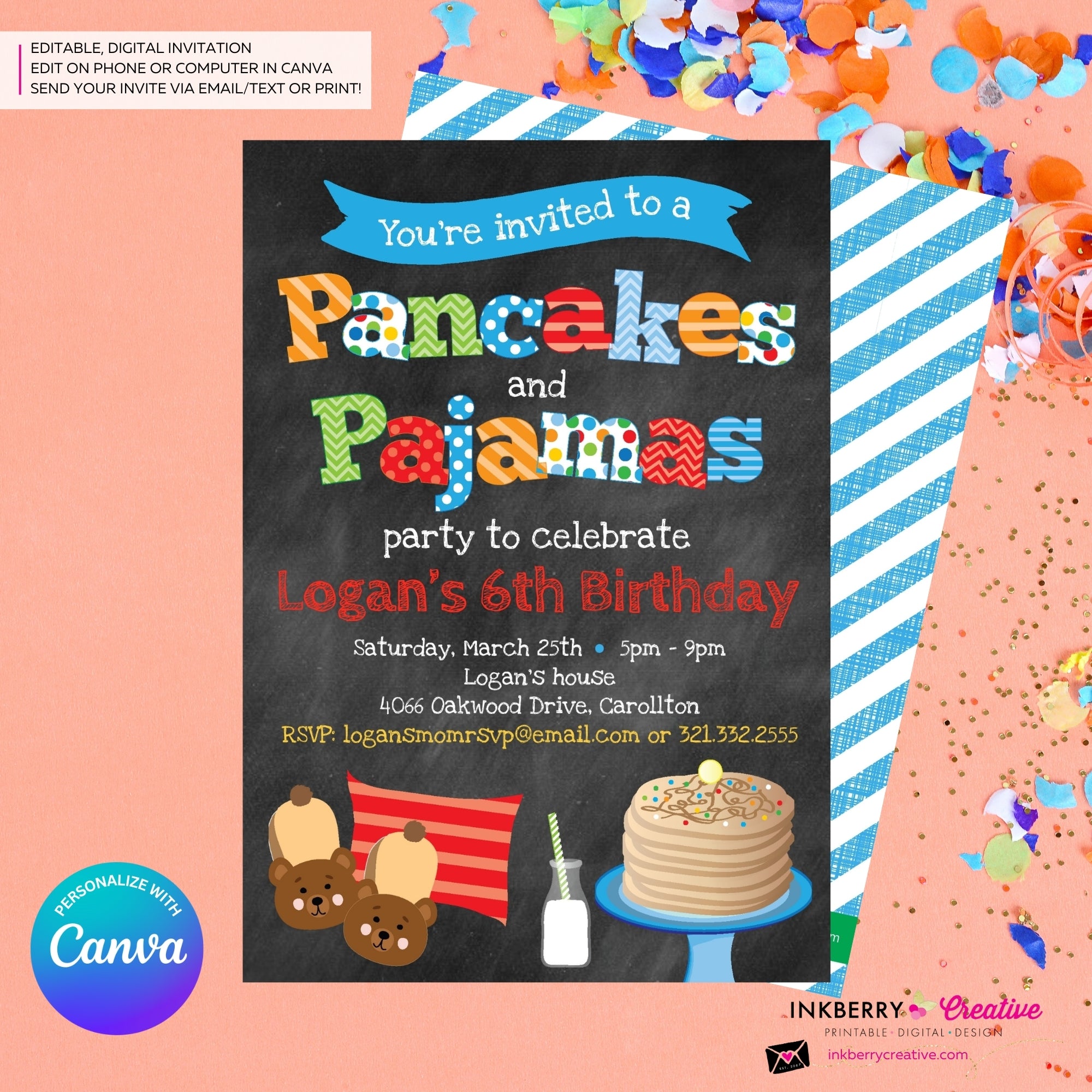 Pancakes and Pajamas Party Invitation - Boys - (Chalkboard Style) - Boys Pancakes Pajama Birthday Party Invite - Printable, Instant Download, Edit in Canva