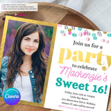 Confetti Pop Photo Party Invitation (White) - Any Age, Any Occasion, Gold, Aqua, Pink Confetti, Birthday Photo invite, Sweet 16, Edit in Canva