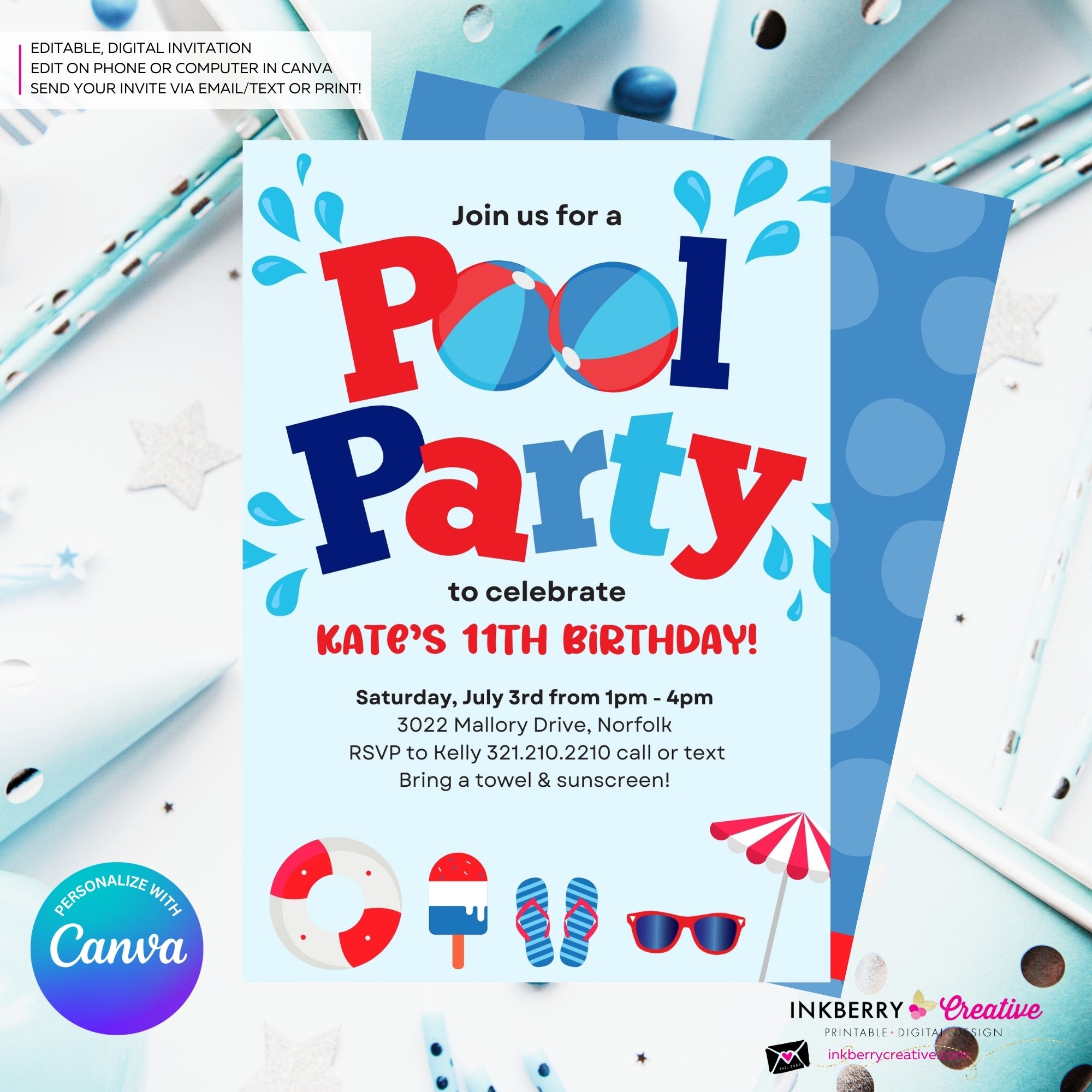 Patriotic Pool Party Invitation - Summer, Patriotic, 4th of July, Memorial Day, Pool Party - Printable, Instant Download, Edit in Canva