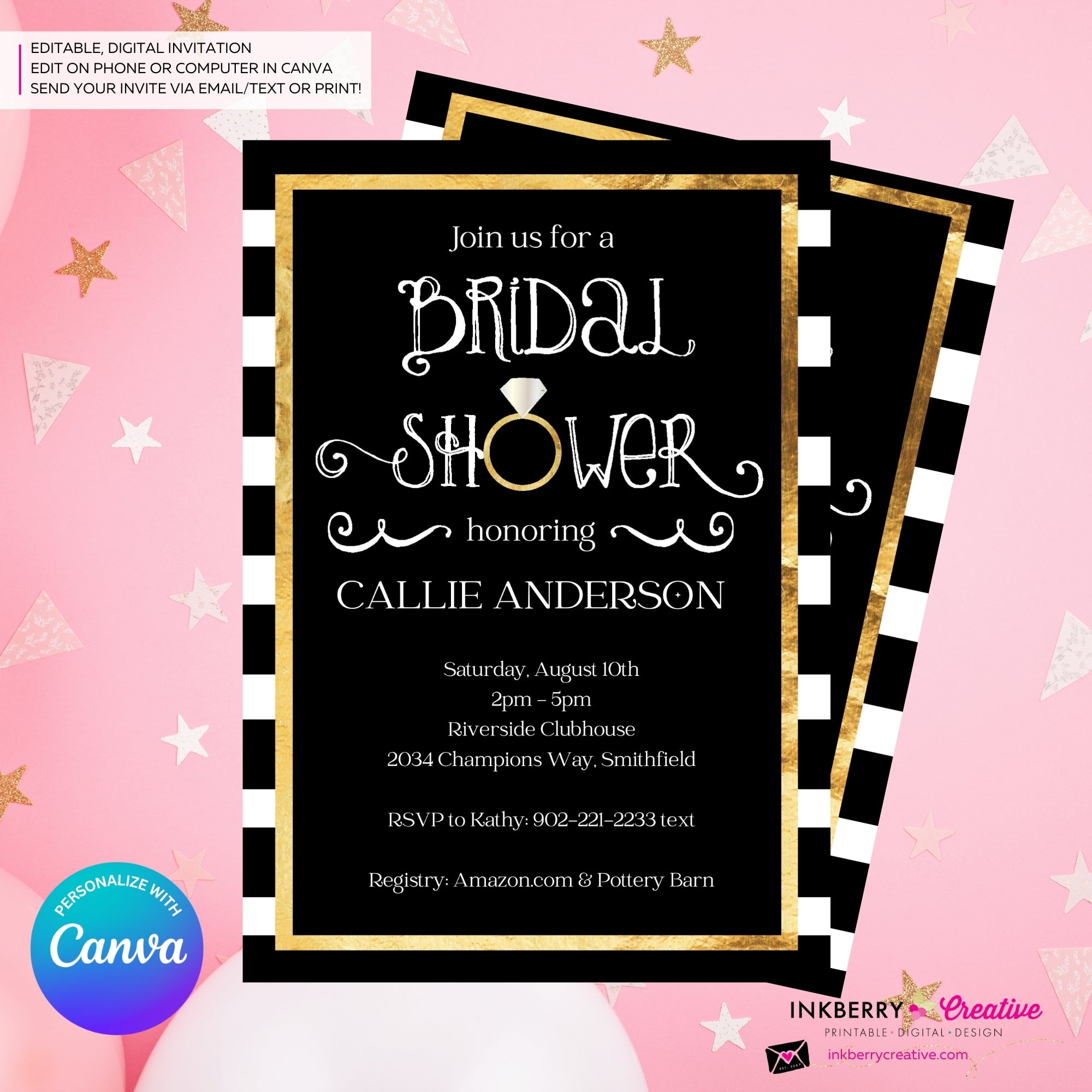 Black White and Gold Ring Bridal Shower Invitation- Digital, Printable File, Personalize and Edit in Canva