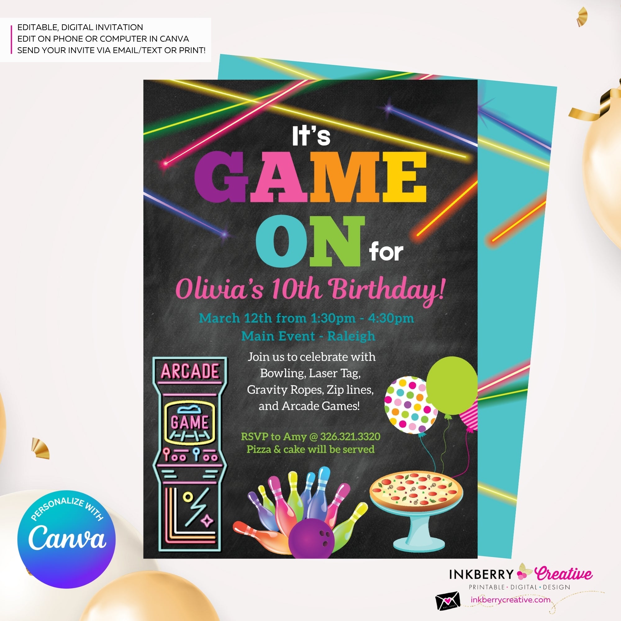 Game On - Arcade Games, Laser Tag, Pizza, Bowling Birthday Party Invitation, Girls Arcade Party, Printable, Instant Download, Edit in Canva