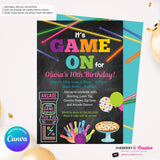 Game On - Arcade Games, Laser Tag, Pizza, Bowling Birthday Party Invitation, Girls Arcade Party, Printable, Instant Download, Edit in Canva